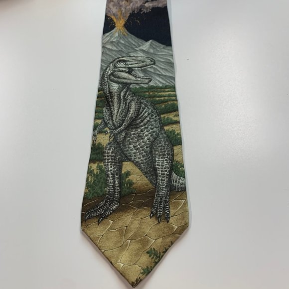 Vintage 1998 Marc Dennis Endangered Species Tyrannosaurus Rex Men's Silk Tie - Picture 1 of 8